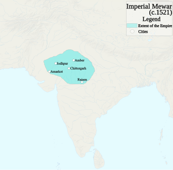 Greatest extent of the Kingdom of Mewar, c.1521 under Rana Sanga[1][2][3]