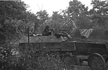Man manning machine guns on top of a half track vehicle