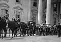 A limbers and caissons carrying the remains of Warren G. Harding at the North Portico entrance of the White House before its procession down Pennsylvania Avenue en route to the United States Capitol Building, 1923.
