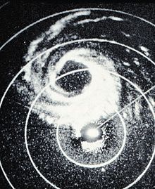 Radar image of a hurricane near the Lesser Antilles. The storm features a well-defined, clear eye surrounded by a mass of intense convection. Rotating feeder bands, curving into the system, are present around the entire hurricane.