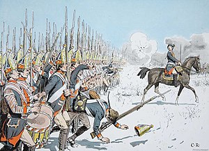 Infantry line, muskets and bayonets, with an officer on a horse; the image is not particularly historically accurate.
