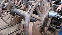 A pair of driving wheels from a steam locomotive sitting inside a repair shop facility