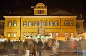 The 24 windows of the front of Hellbrunn Palace in Salzburg, Austria, used as an Advent calendar during the town's Christmas market