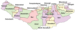 Location of Babol County in Mazandaran province (center, purple)