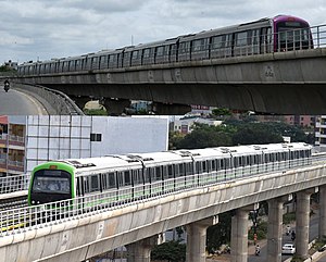 Namma Metro trains on the Purple Line and Green Line
