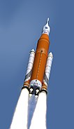 An artist's rendition of NASA's Space Launch System rocket in flight.