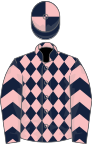 DARK BLUE and PINK DIAMONDS, pink chevrons on sleeves, quartered cap