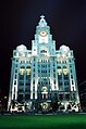The Royal Liver Building is floodlit at night