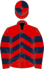 Red and dark blue chevrons, hooped sleeves, quartered cap