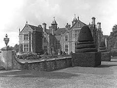 Bradfield House, east front, photographed from NE in 1904, when still occupied by the Walrond family, showing the formal topiary garden