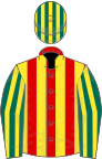Red and yellow stripes, dark green and yellow striped sleeves and cap