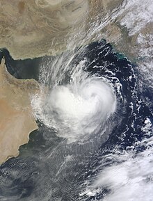 A satellite image of Cyclonic Storm Ashobaa (01A) at peak intensity over the Arabian Sea on 9 June