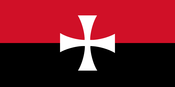 The first flag of the Canadian Nationalist Party. It is a red (top) and black (bottom) bicolour charged with a white Templar cross in the centre.