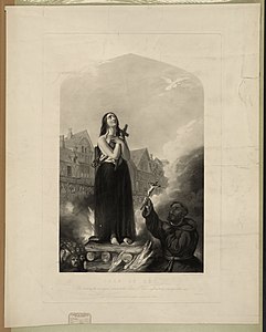 Right painting: Joan of Arc, after rendering the most signal services to her Prince and people, is suffered to die a martyr in their cause