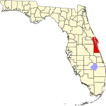A state map highlighting Brevard County in the southeastern part of the state. It is medium in size and narrow in shape.