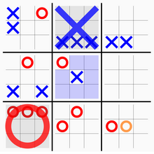 An incomplete board of Ultimate Tic-Tac-Toe.