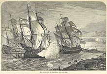 A draing of several sailing-ships, one firing its cannons