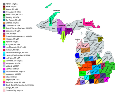 Map of the 33 core-based statistical areas in Michigan.