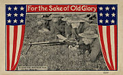 Old Glory postcard with U.S. soldiers firing an M1909 machine gun