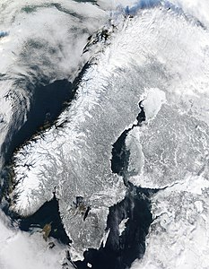 Scandinavia from space in winter.