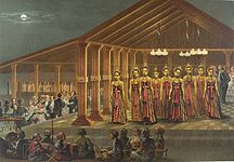 The court of the Sultan of Yogyakarta, c. 1876. Performance of Bedhaya Sacred Dance accompanied by Javanese Gamelan Ensemble.