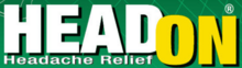 The text HeadOn is visible with "Head" in white and "On" in yellow. The text is on a green background. Above the "On" is a registered trademark symbol and below the "Head" is the text "Headache Relief" in white.