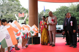 Ryuko Hira alongside President of India Ramnath Kovind, First Lady of India Madam Savita Kovind during the foundation stone ceremony for the Sri Sathya Sai Sanathana Samskruti in Japan in October 2019.