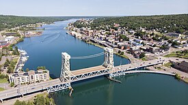Aerial view of downtown Houghton and the Portage Lake Lift Bridge