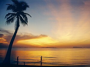 Lipa Noi Beach on Ko Samui, Thailand, shortly after sunset with coco palm. The islands of the Ang Thong Marine National Park are visible at the horizon.