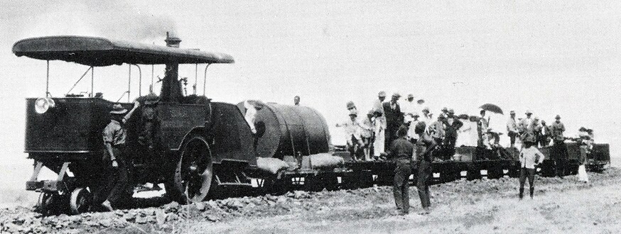 Dutton bi-directional rail-only tractor no. RR1155, rebuilt from a Yorkshire steam tractor, in service with a water tank tender on the Singlewood branch, c. 1925