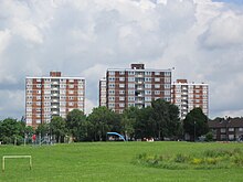 High-rise buildings behind green space