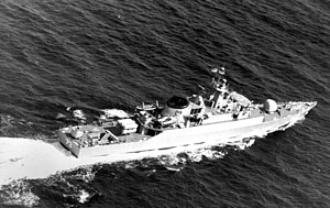 A starboard quarter view of the Iranian frigate ITS Rostam (DE-73), later renamed IS Sabalan (F-73).