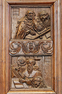 In the top panel Mark the Evangelist is accompanied by his attribute, the lion. In the panel below Saint Jerome is shown, also with a lion. Jerome is often depicted with a lion, in reference to the popular hagiographical belief that he had tamed a lion in the wilderness by healing its paw.