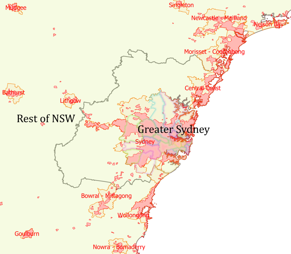 Shown are the various statistical areas defined by the Australian Bureau of Statistics for Sydney and its surrounding area. Thick grey line/black text: the extent of the Greater Sydney *Greater Capital City Statistical Area* (One of eight unique statistical divisions delineating the broadest possible concept of each state/territory capital city, made up of one or more whole labour market area (SA4)), as well as the Rest of NSW area Solid orange lines with stippled fill/red text: *Significant Urban Areas* (statistical divisions representing significant towns and cities of 10,000 people or more, consisting of single or clusters (agglomerations) of urban centres and localities, made up of one or more SA2 units, which are collations of suburbs and localities designed for consistent statistical output) Dashed red lines with pink fill: *Urban Centres/Localities* (statistical divisions delineating the contiguous built up, or urban areas of cities, towns and small settlements, made up of the smallest statistical output areas (SA1)) Outlined coloured areas: the 31 Local Government Areas commonly understood as comprising Sydney, albeit unofficially