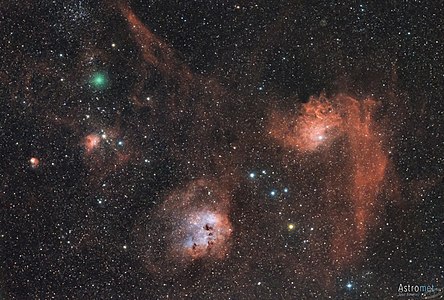Comet C/2018 Y1 (Iwamoto) with nebulae IC 410 and IC 405
