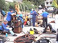 Historical Diving Society diving at Stoney Cove, England using two cylinder rotary pump