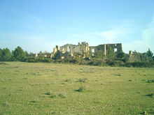 Photo shows a ruined building.