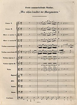 Page of a 19th-century sheet music of the score of a Bach cantata, with the title and three bars of music