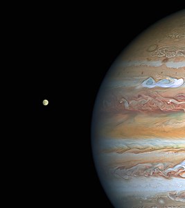 Jupiter and Europa, taken by Hubble on August 25, 2020, when the planet was 653 million kilometres from Earth. False colour image.[250]