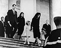 Robert Kennedy and Ethel Kennedy seen following Jacqueline Kennedy as she leaves the United States Capitol with John F. Kennedy, Jr. and Caroline Kennedy, after viewing the lying in state of John F. Kennedy, 1963.