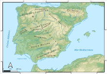 Topographic map of the Iberian Peninsula, in which the 'Meseta Central' appears labeled by its Spanish name.