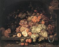 heap of fruit with a squirrel and a bird
