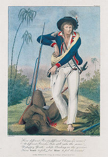 Self Portrait of John Gabriel Stedman standing over a slave after the capture of Gado Saby, a village of Maroons in Surinam, from the frontispiece of his Narrative