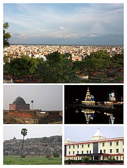 Top to bottom: The City Skyline, Tomb of Ibrahim Baya, Mora Talab Temple, View of Hiranya Parvat from NH 20, An institutional block at K. K. University