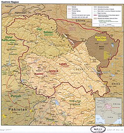 A map showing Pakistani-administered Azad Kashmir (shaded in sage green) in the disputd Kashmir region[1]