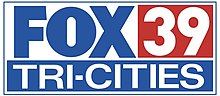 In a white box with blue trim: The Fox network logo in blue. To the right, a white 39 in a red box. Beneath both, in a blue-box, the word "Tri-Cities" all caps in a different sans serif.