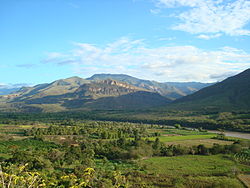 Santo Tomás District (in the background) and Marañón River as seen from near Tactago (Cumba District, Utcubamba Province)