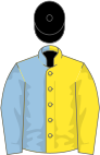 Yellow and Royal Blue (halved horizontally), Blue sleeves, black cap