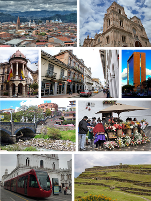 From top, left to right: Panoramic view of the Historic Center, Cathedral of the Immaculate Conception, City hall of Cuenca, Presidente Borrero Street, Cuenca Chamber of Commerce, Roto Bridge, Flowers Square, Cuenca Tram and archaeological ruins of Pumapungo.