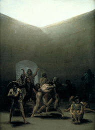 Goya's 1794 painting depicting two mentally ill patients fighting in a courtyard while other insane patients either watch or show their own signs of madness, while a ward tries to break up the fight.